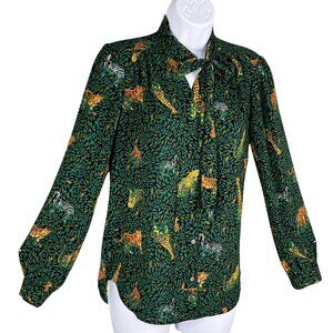 J.Crew Womens Green Jungle Print Long Sleeve Button Up Blouse Tie Neck XXS Artsy